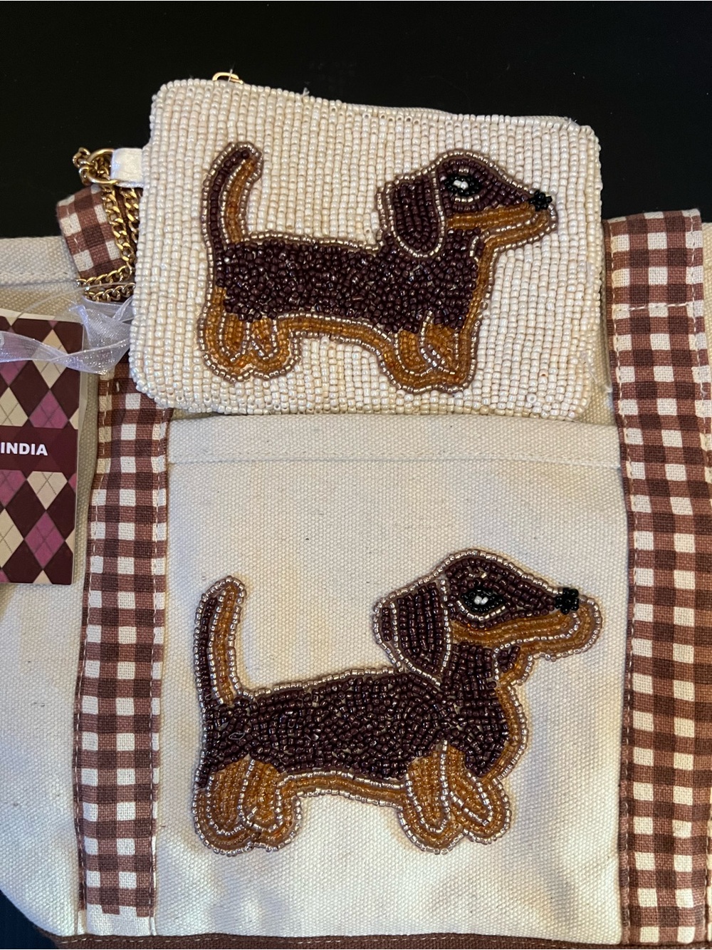 Beaded Dachshund Canvas Tote Bag - Beige and Brown - Picture 3 of 5
